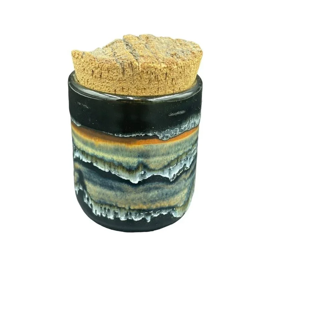Studio Art Pottery Canister Jar With Cork Lid Black Beige Drip Glaze Glossy